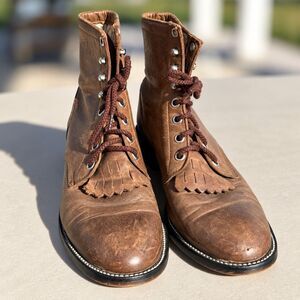 Justin Vintage Lace Up Boots Roper Kiltie Leather Brown Western Youth 5D  Y4321